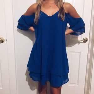 Pants Store Blue Dress with Shoulder Cutouts
